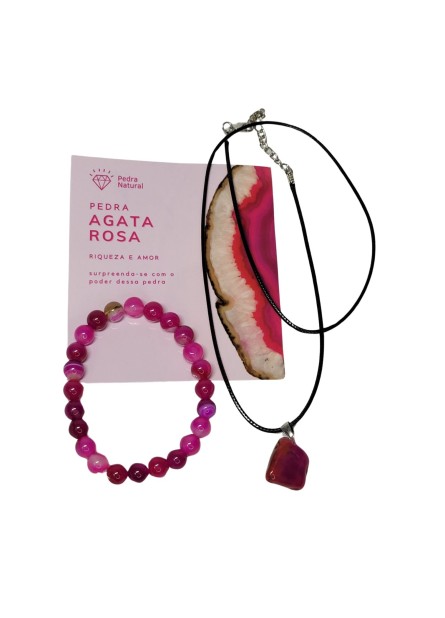 Kit de Colar + Pulseira - Agata Rosa